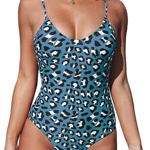 CUPSHE Women's V Neck Leopard Print One Piece Swimsuit Blue Large with tags